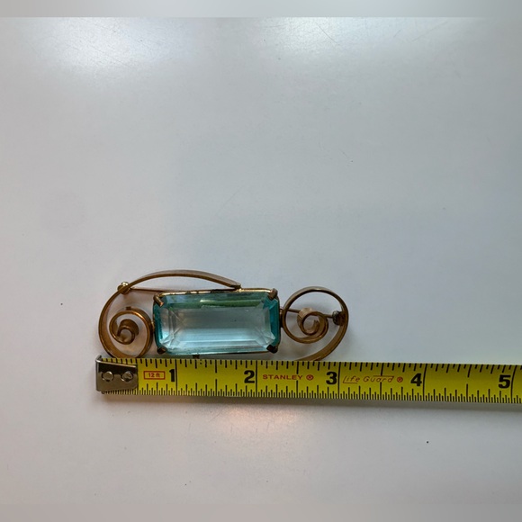 3”x2” Brooch With Blue Emerald Cut Vintage Midcentury Modern faux Aquamarine - Picture 10 of 16